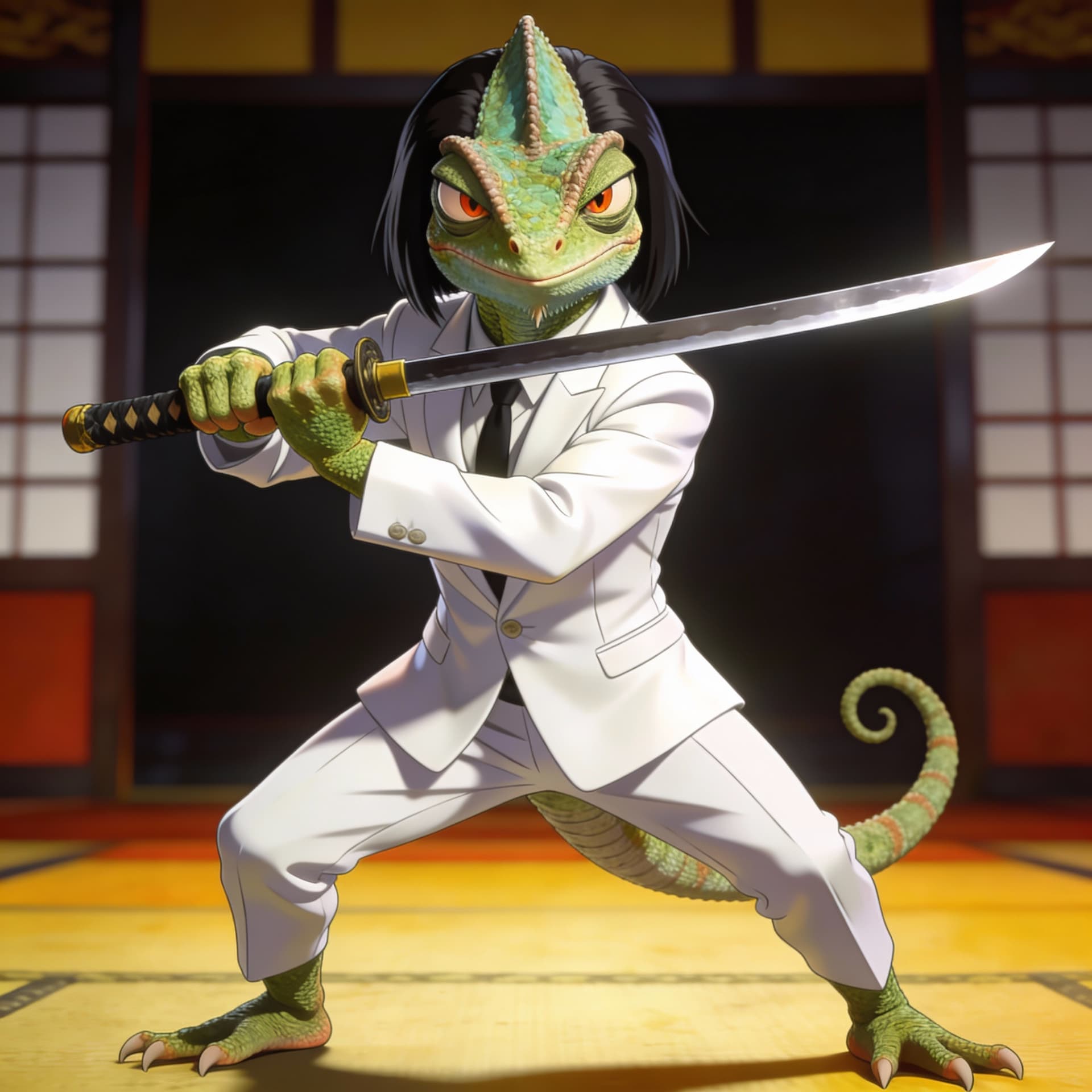 AI generated: chameleon dressed as kill bill movie main character, white suit, he handles a katana in his hands, c...