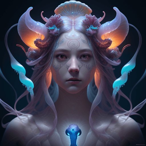 AI generated: Goddess close-up portrait ribcagel. jellyfish phoenix head, nautilus, orchid, skull, betta fish, bio...
