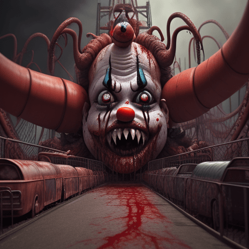 AI generated: disturbing screengrabs from a 90's movie at a carnival madhouse, screaming demonic clown abomination...