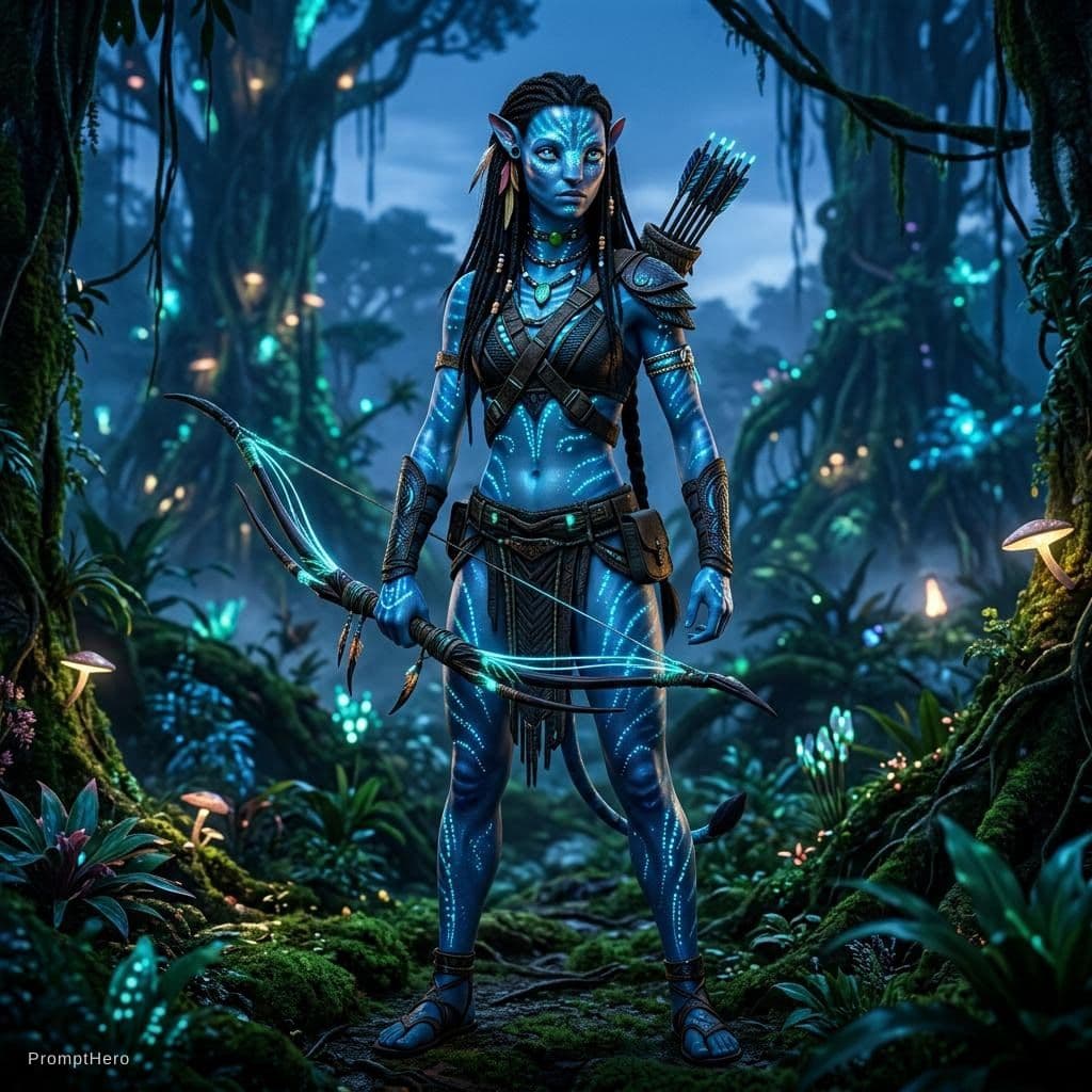 AI generated: blue humanoid avatar with bioluminescent avatar markings dots and patterns on their skin. Pointed el...