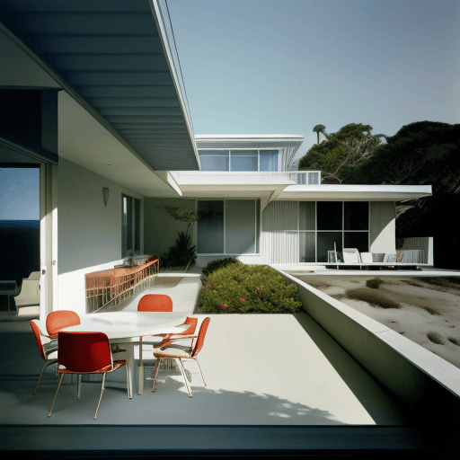AI generated: Hyper realistic eye level exterior photo of a mid century modern style house overlooking the ocean, ...