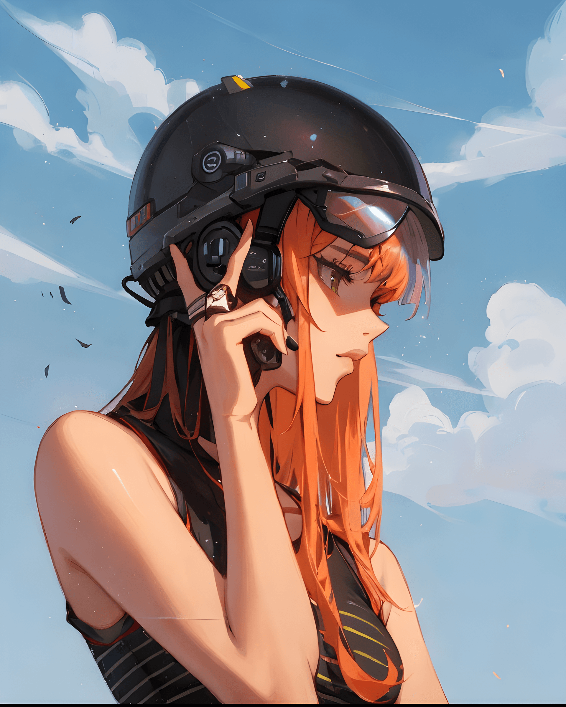 AI generated: a woman wearing a helmet talking on a cell phone, digital art, inspired by Eiichiro Oda, pixiv, digi...