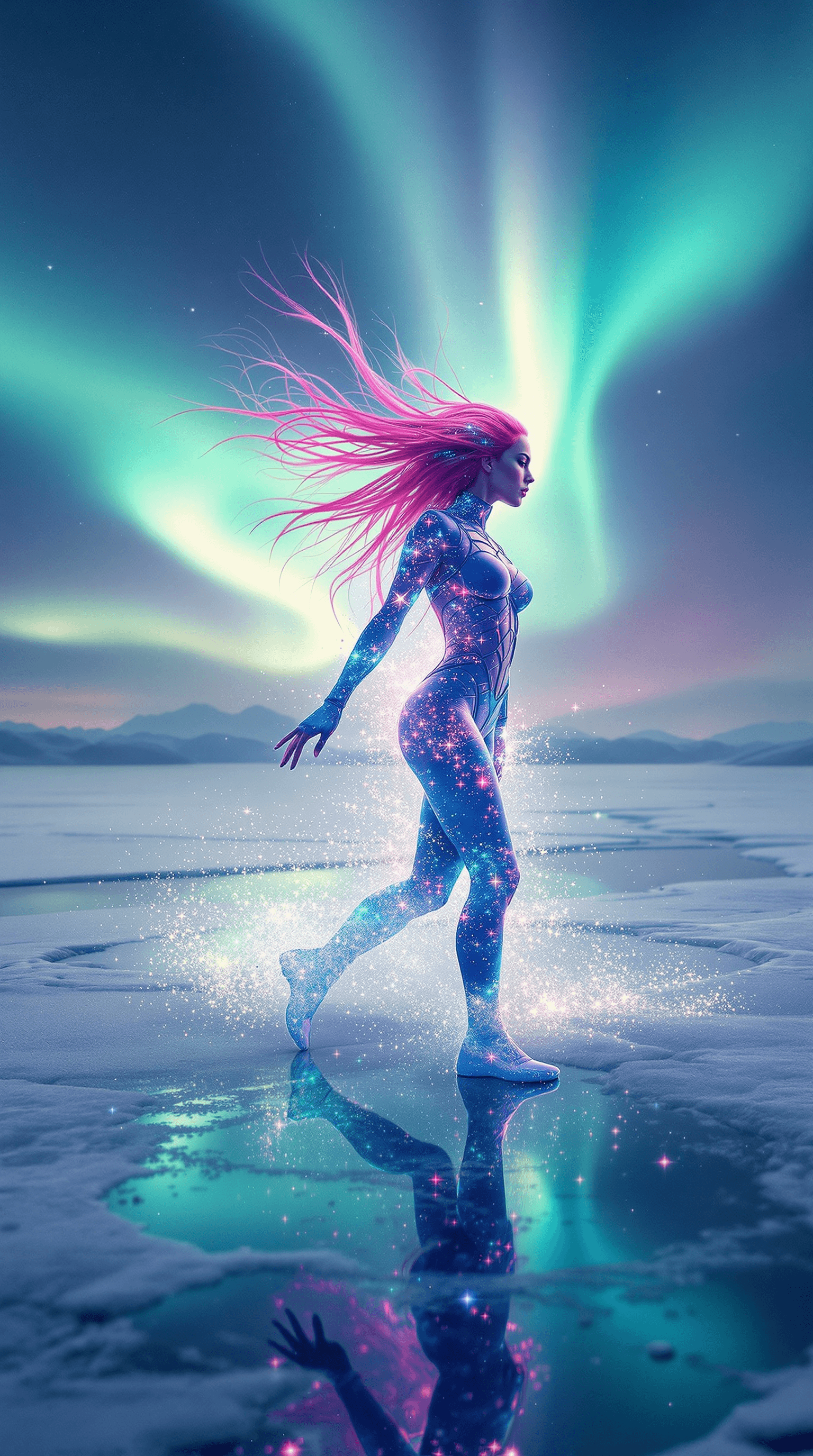 AI generated: A woman in a cage-style bodysuit and ripped jeans is caught mid-stride across a frozen lake, her neo...