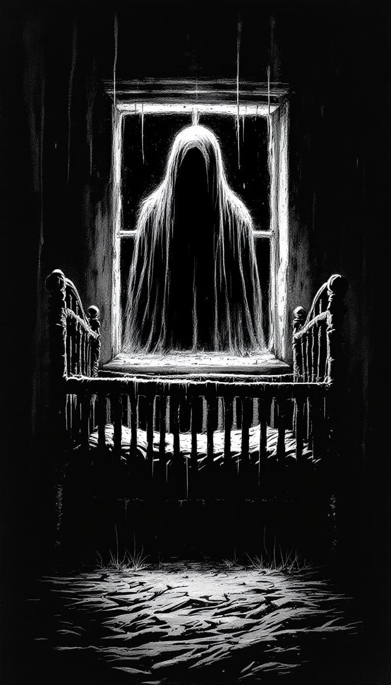 AI generated: creepy black ink drawing of a Terrifying of a crib under a ghostly bedroom window at night, , surrea...