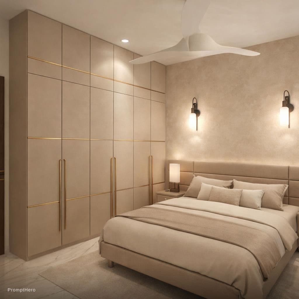 AI generated: Photorealistic modern bedroom interior design with a calm beige color theme for the entire room. Sim...