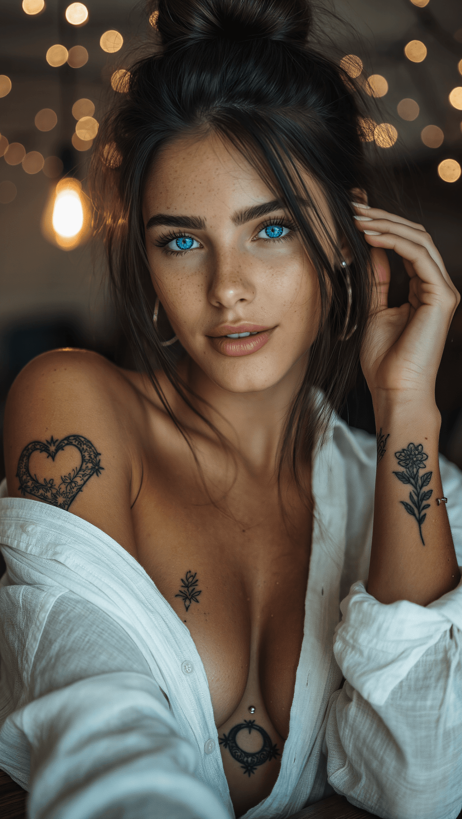 AI generated: Photorealistic, cinematic shot of a beautiful, tan woman with electric blue eyes and dark hair in a ...