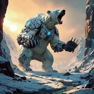AI generated video: A towering 6-meter-tall battle polar bear stands on its massive hind legs, roaring ferociously into ...