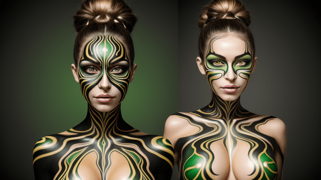 AI generated: An image of a woman with a hyperrealistic style, showcasing an elaborate body paint design. The skin...
