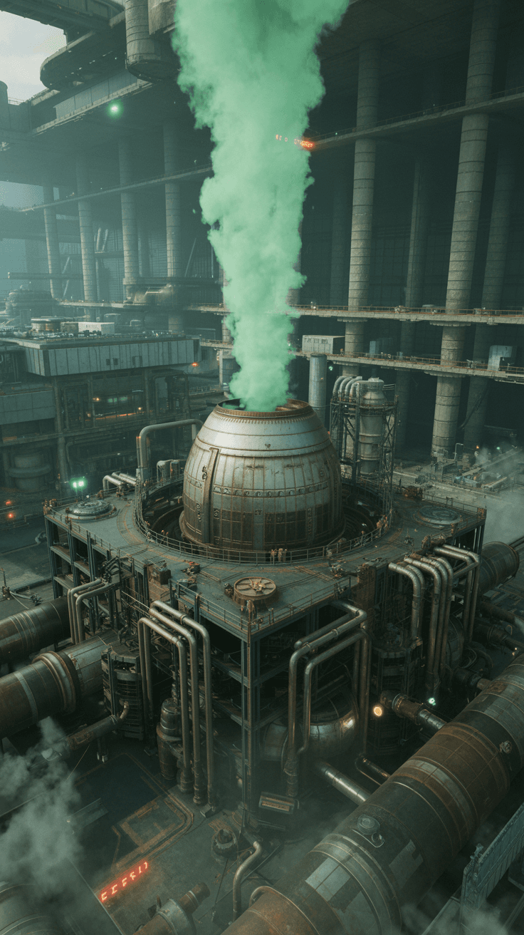 AI generated: Hyperrealistic panoramic view of Mako Reactor 7 in Midgar, inspired by Final Fantasy VII. A wide, el...