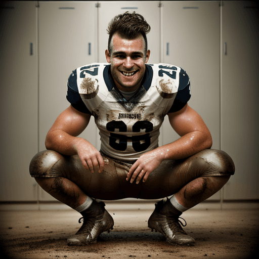 AI generated: grinning rugged caucasian american football player with a brown mohawk, sweaty and muddy, crouching ...