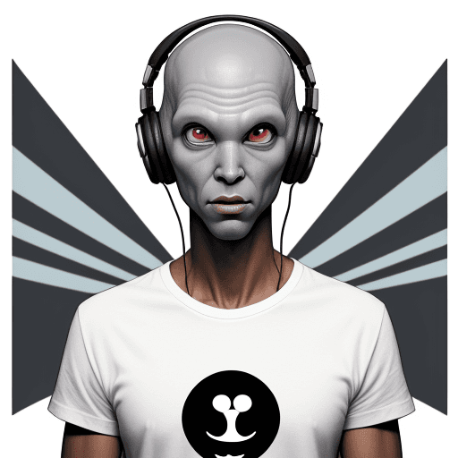 AI generated: comics image of a grey alien wearing a white t-shirt with the word soca on it, the alien has headpho...
