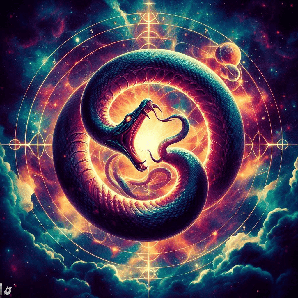 AI generated: "A mystical scene unfolds: a vivid, circular symbol featuring a snake devouring its own tail, known ...