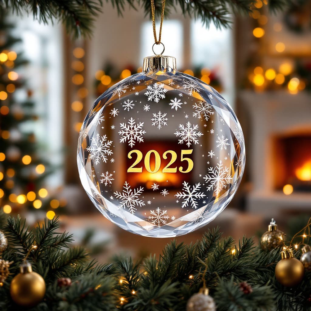 AI generated:  crystal ornament with beautiful snowflakes and the name "2025" engraved in gold. The shelf is fille...