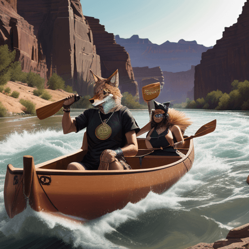 AI generated: cypherpunk coyote maneuvering a canoe filled with his family down a roaring river. He is holding a w...