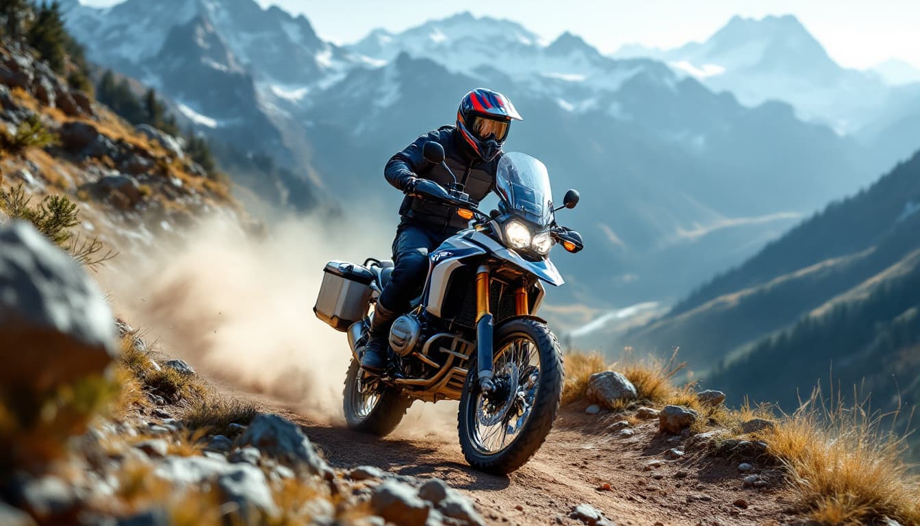 AI generated: T-Shirt , Off-Road BMW GS motorcycle riding trough a mountain 