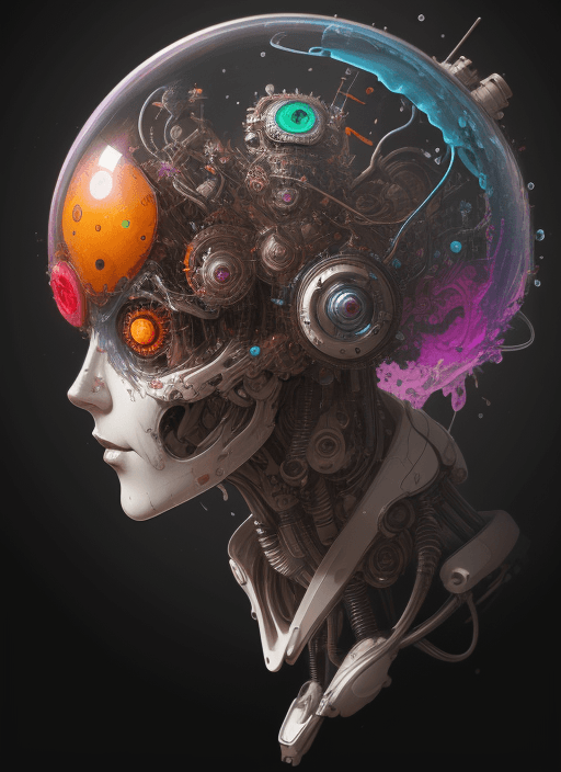 AI generated: highly detailed robot head, clockwork, transparent, filled with colorful liquid, expressive, abstrac...