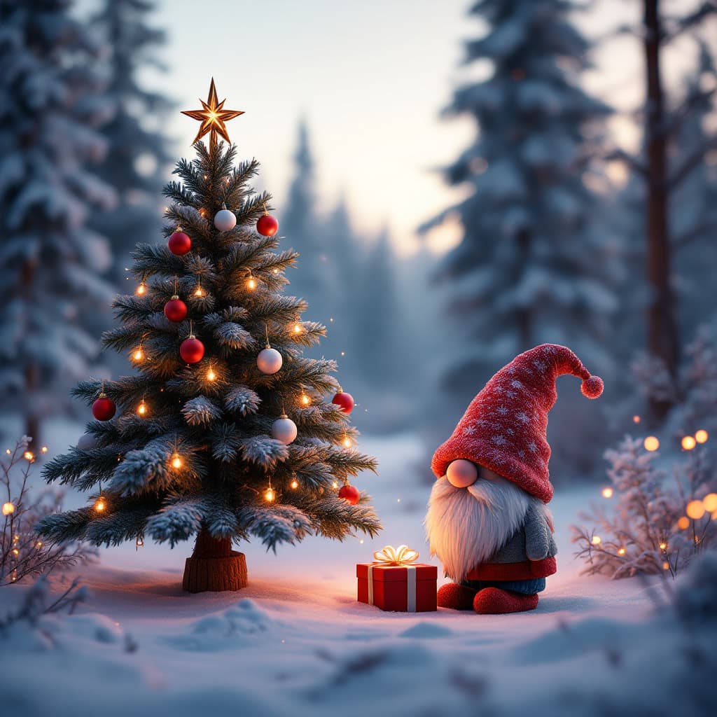 AI generated: Cgi- New Year tree, next to it a Scandinavian Christmas gnome found a box with a gift, in the style ...