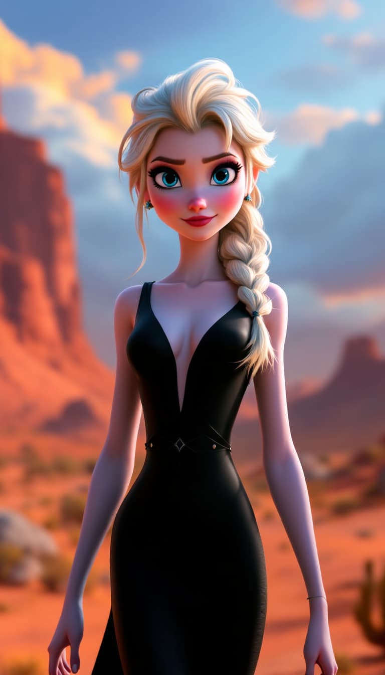 AI generated: A Disney-Pixar-style animated character of Elsa standing confidently in a sleek black dress; set in ...