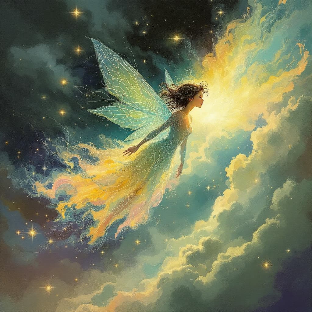AI generated: A whimsical pixie, her form breaking into a series of interconnected lines that seem to flow and swi...