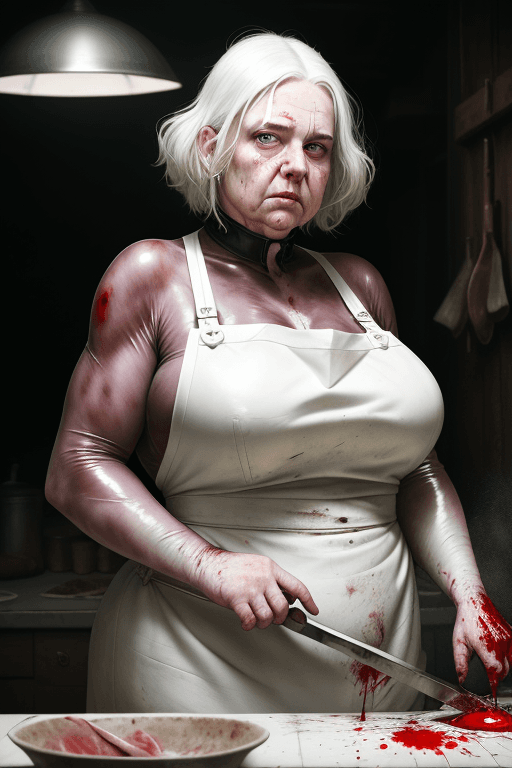 AI generated: RAW photo, low key, cinematic composition, fat  ugly elderly female butcher, woman, rim light, blood...