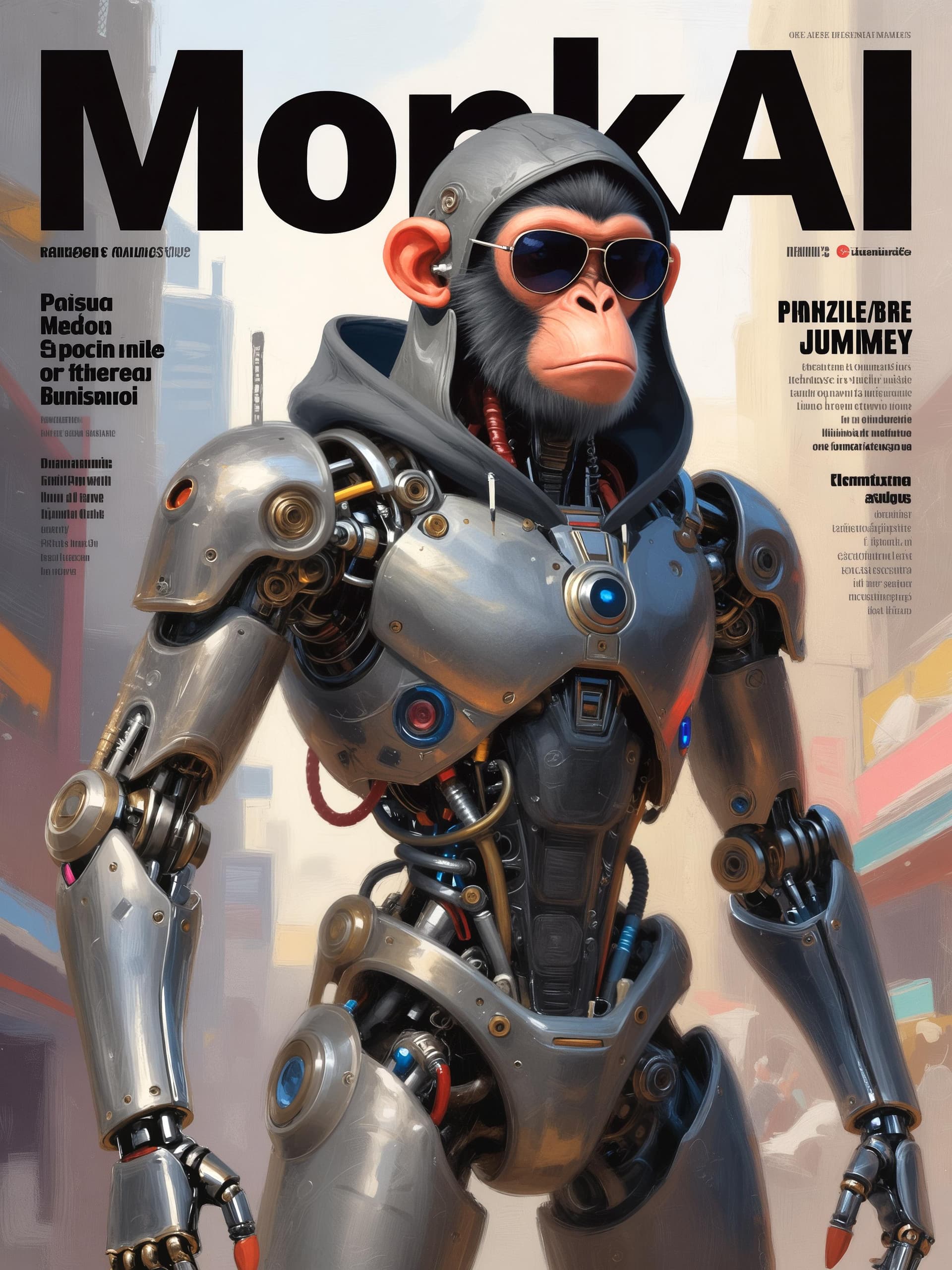 AI generated: In a world where monkeys and AI join forces to take over earth, imagine A magazine cover of a monkey...