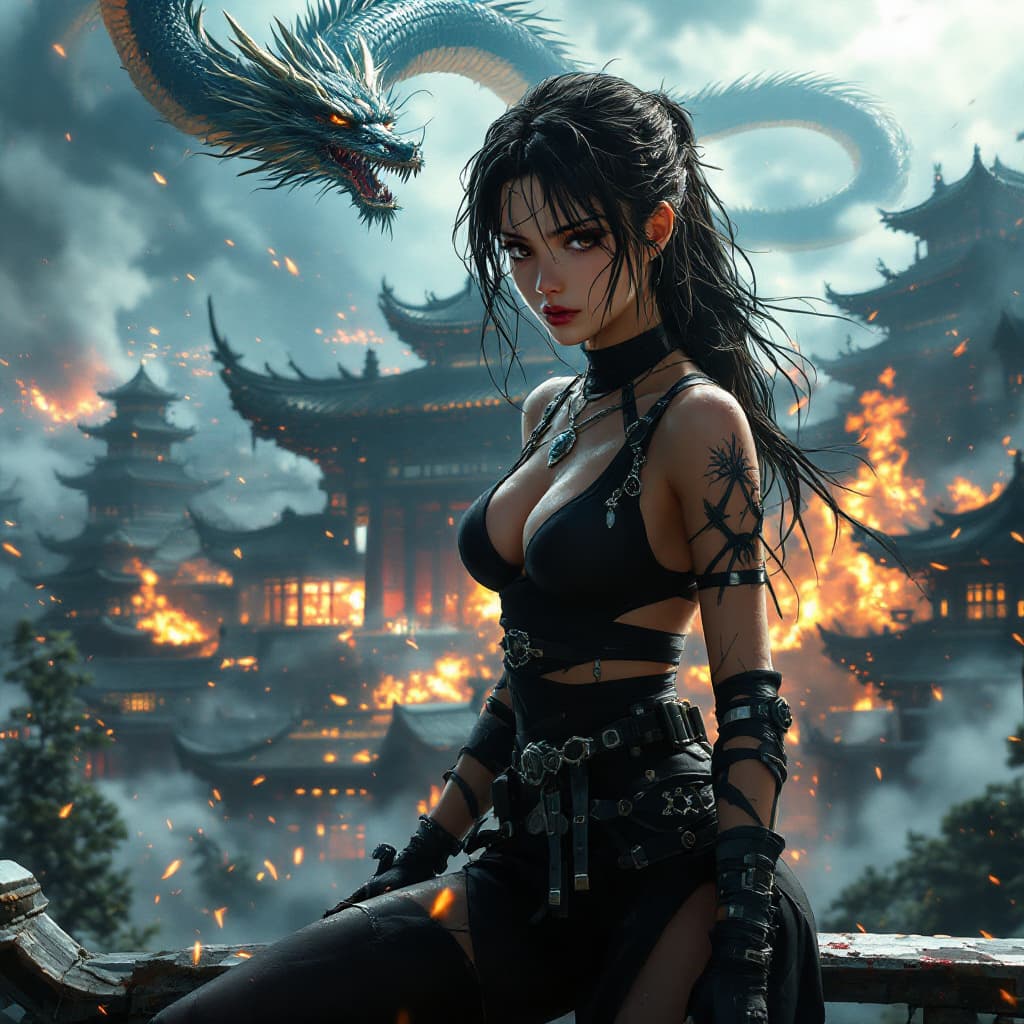 AI generated: Kyoto Animation stylized anime mixed with tradition Chinese artworks~Lara Croft at modern cyberpunk ...