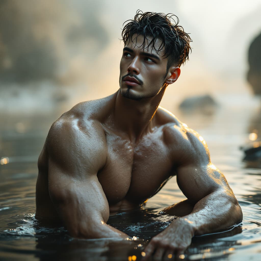 AI generated: fashion editorial, a Asia young man,20 years old, big muscle, white skin,detailed eyes,high quality,...