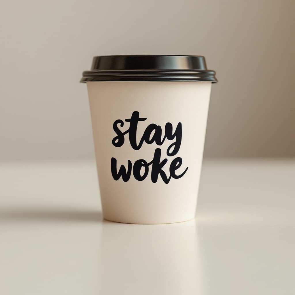 AI generated: Coffee cup with words on it that read "stay woke"
