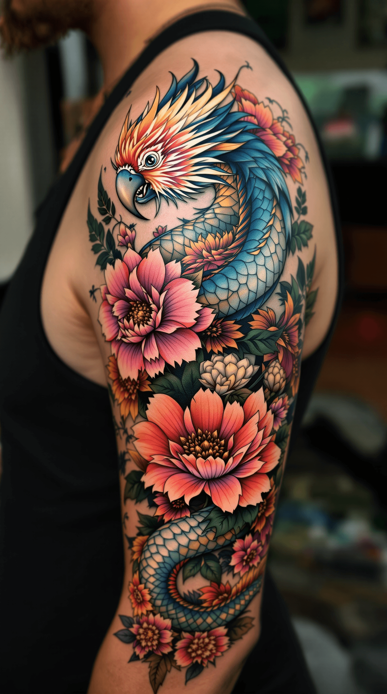AI generated: tatoo templat colored dragonskin with flowers theme
 (only show the tatoos)


