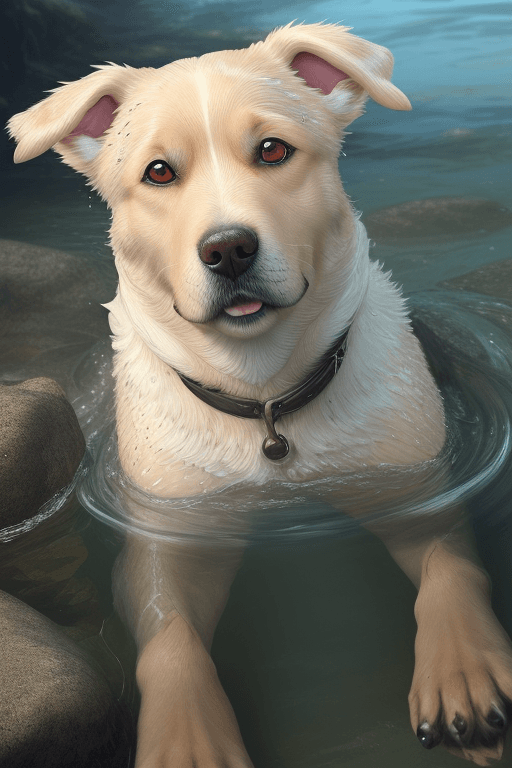AI generated:  a beautiful dog, highly detailed face, beautiful perfect face, in a river of clear water, wet hair ...