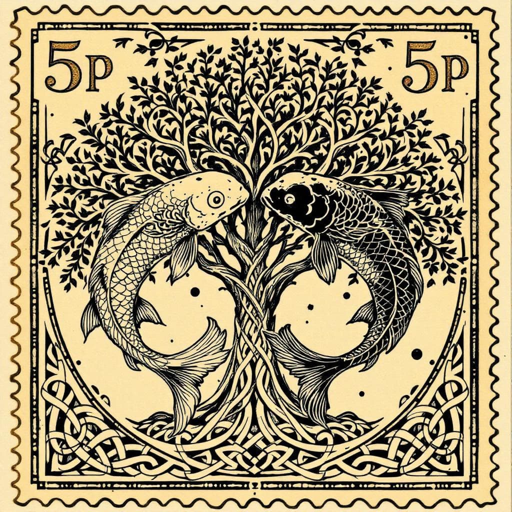 AI generated: retro vintage Postage Stamp design, pen and ink wash detailed illustration  featuring a Tree of Life...