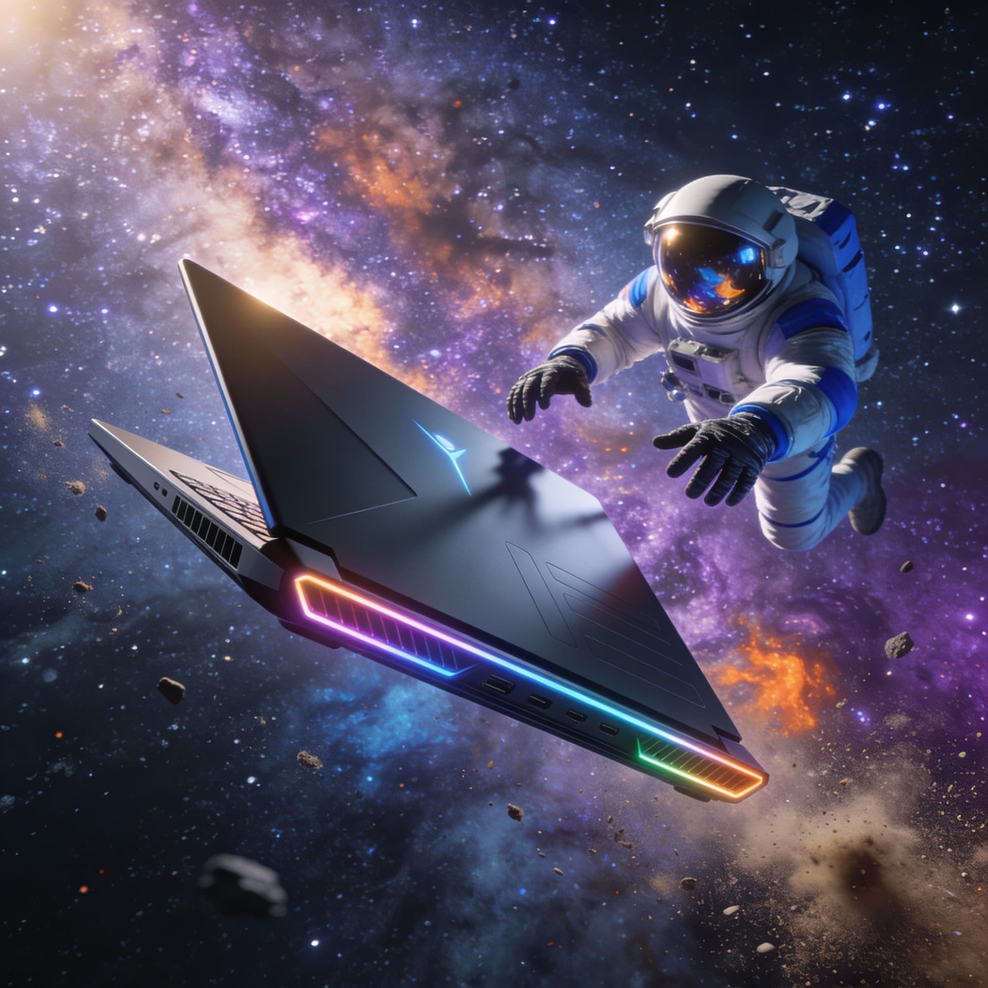 AI generated: A alienware aurora 16 laptop 2025 gaming laptop floating in space,drifting along the Milky,realistic...