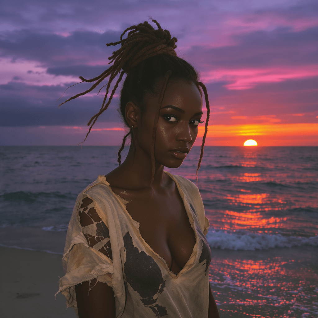 AI generated: woman wearing dreadlock hairstyle in a bun is stranded on an island. Her deep v-neck t-shirt is tatt...