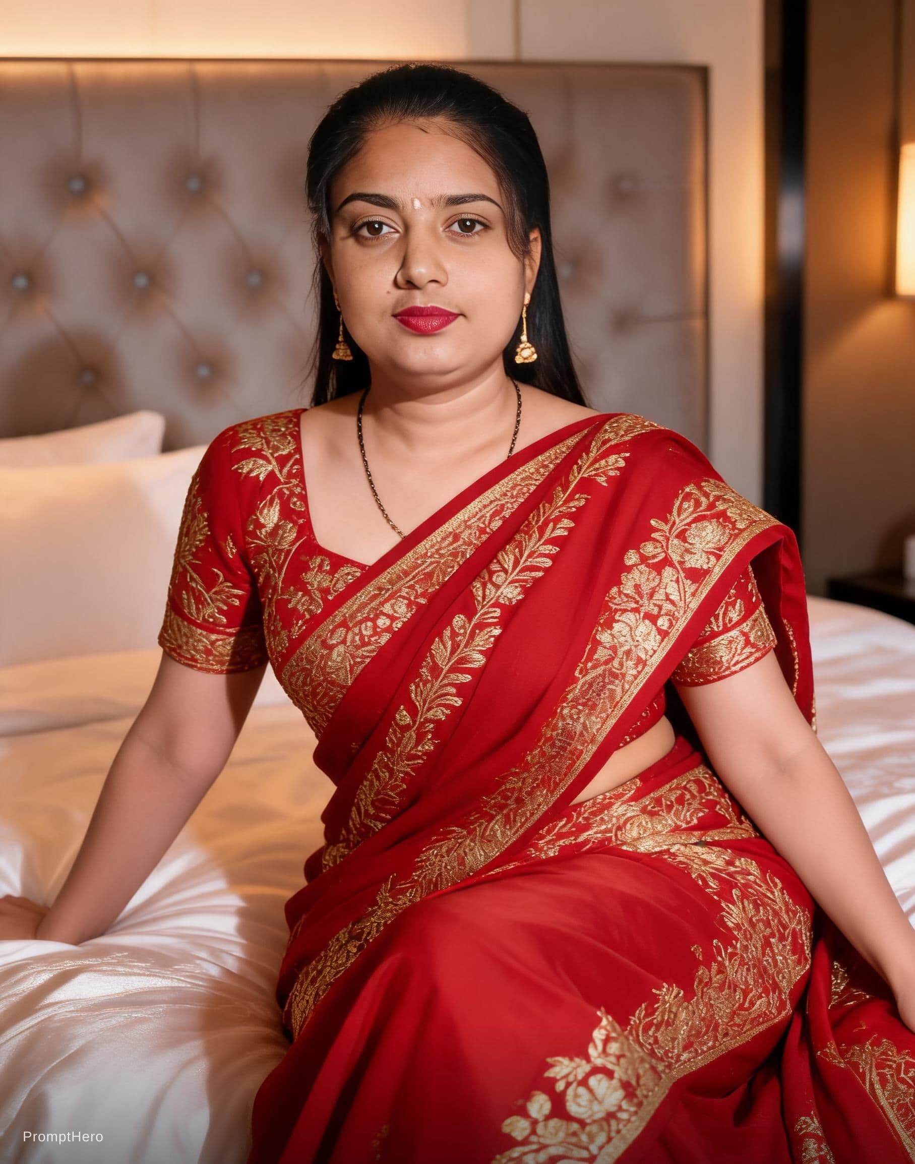 AI generated: Transparent Red wet saree Indian woman, Kajol devgn,without blouse, tight, sleeping on edge on bed, ...