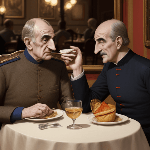 AI generated: Louis de Funès and Pape François having diner in a typical Parisian restaurant, realistic, vibrant c...