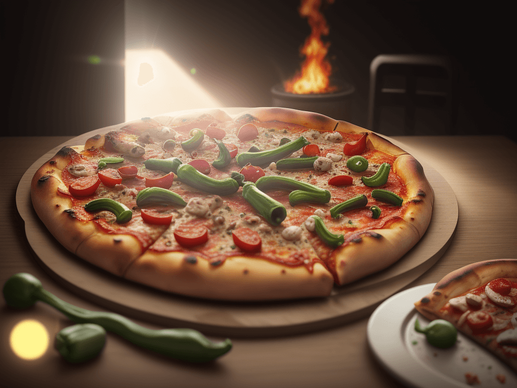 AI generated: epic realistic, roast pizza with green pepper, food art, realistic render, dramatic lighting masterp...
