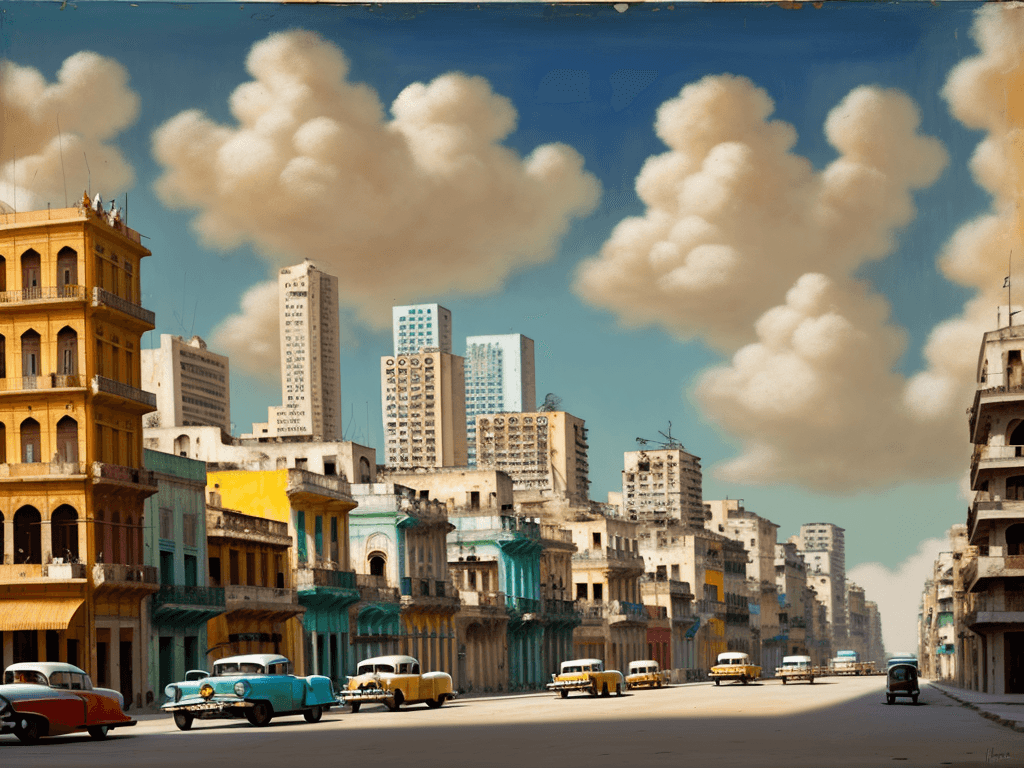 AI generated: Havana, Cuba landscape with modern buildings, including Dubai buildings, 1956 vintage cars driving, ...