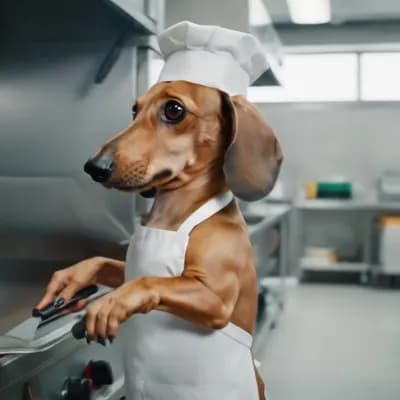 AI generated video: "Un perro salchicha realista, de pie sobre sus patas traseras, trabajando en una hamburguesería mode...
