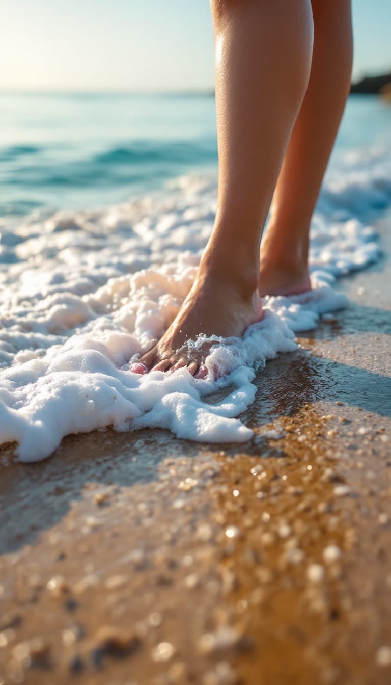 AI generated: photography, woman stands on a sandy beach, looking down at their bare feet partially submerged by t...