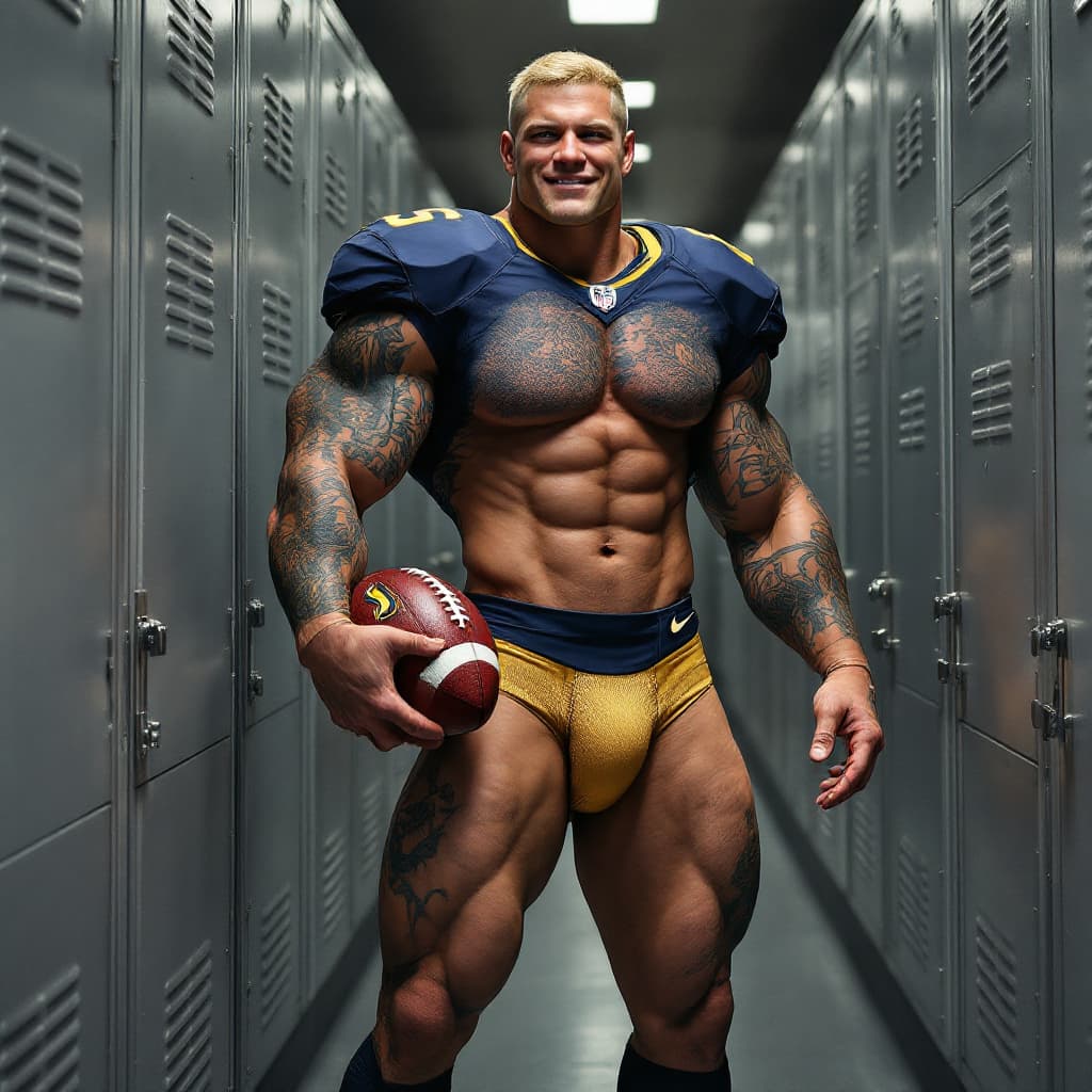 AI generated: Full image, Locker room, gray lockers, tall lean muscular man, lots of tattoos, neat blonde short ha...
