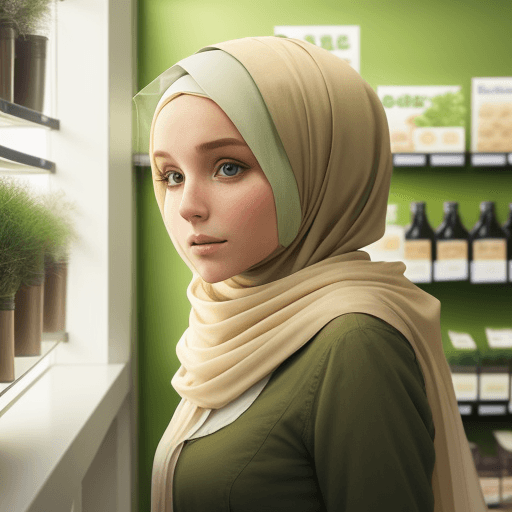 AI generated: A beautiful blonde girl wear a hijab leaning against a 
 greenish wall in a organic day light in a r...
