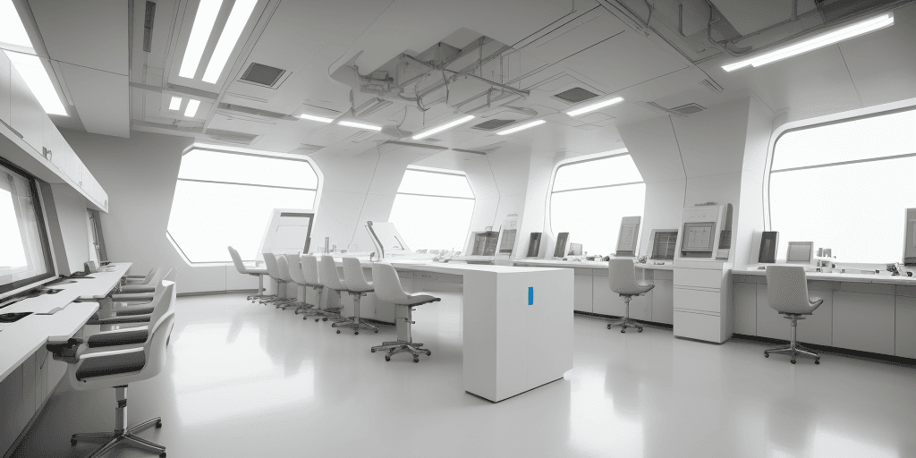 AI generated: white laboratory, high-tech laboratory, futuristic design style, sci-fi, clean lines, photographed, ...