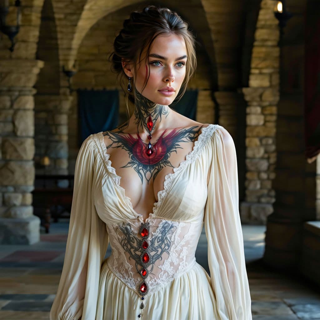 AI generated: A noble woman from the Middle Ages of England, elegantly dressed in a luxurious shear gown, made of ...