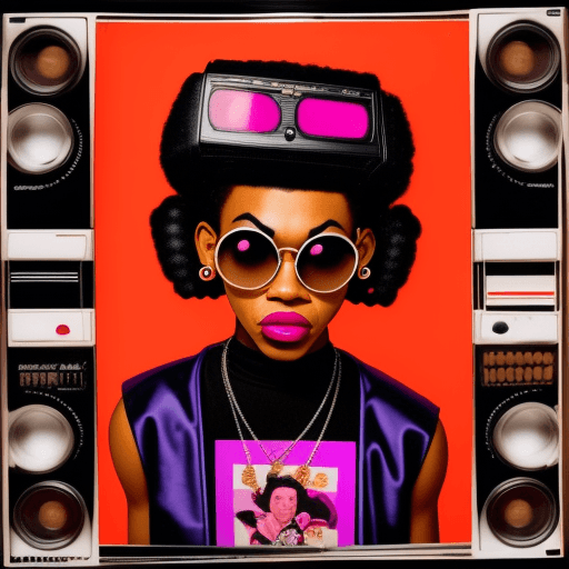 AI generated: Kooky portraits of 90’s mall dj black in retro clothing, shot on VHS