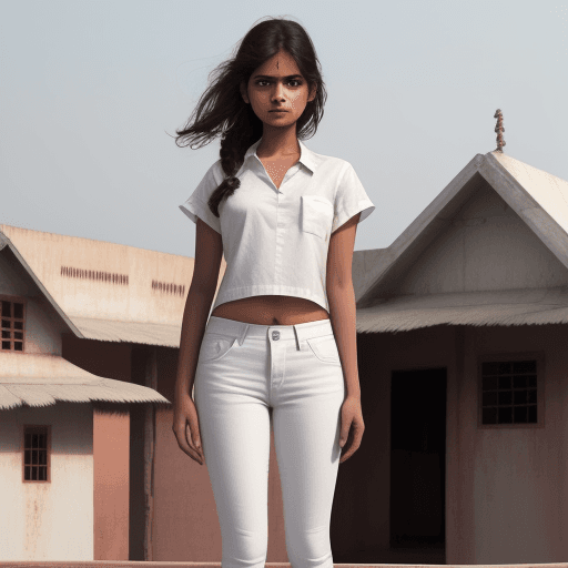 AI generated: white shirt, open jeans,  Indian girl, standing on roof (detailed skin 1,0) 