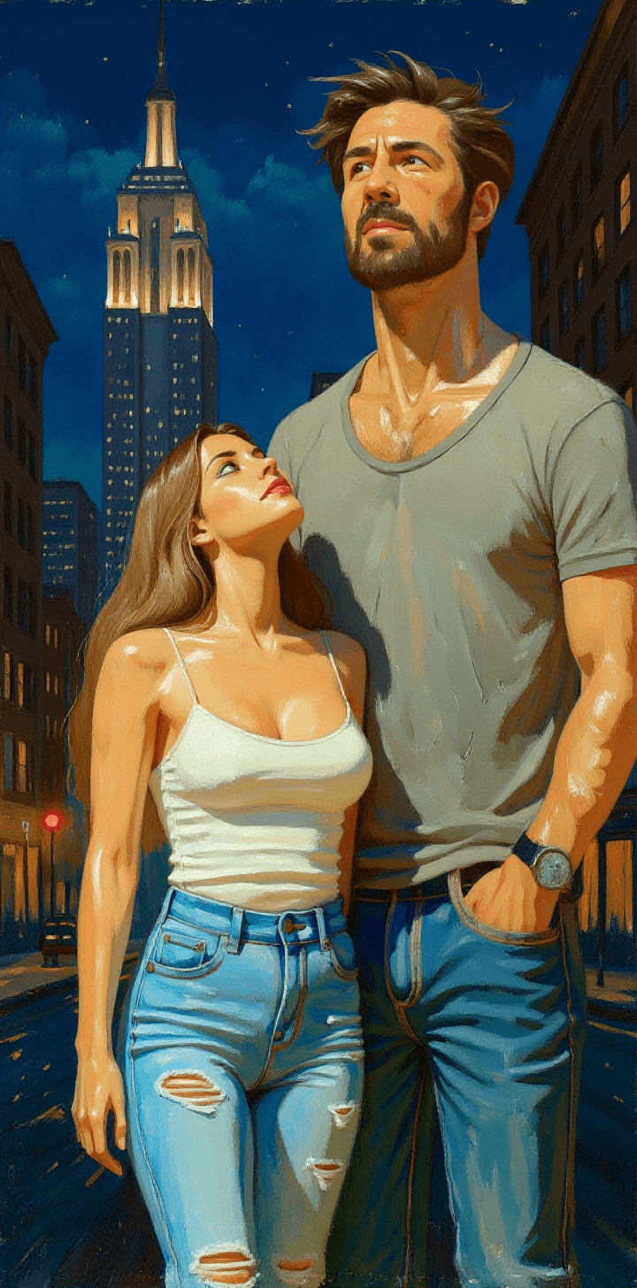 AI generated: a painting of a woman and her tall handsome husband standing in New York city street at summer night...