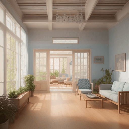 AI generated: wooden floor, small windows opening onto the garden, bauhaus furniture and decoration, high ceiling,...