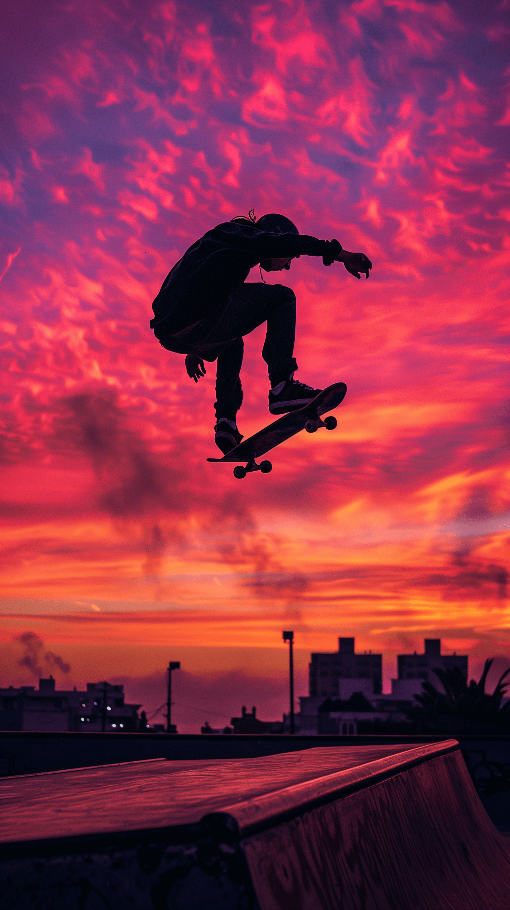 AI generated: image of a skateboarder performing a trick at sunset, backdrop features a brilliant pink and orange ...