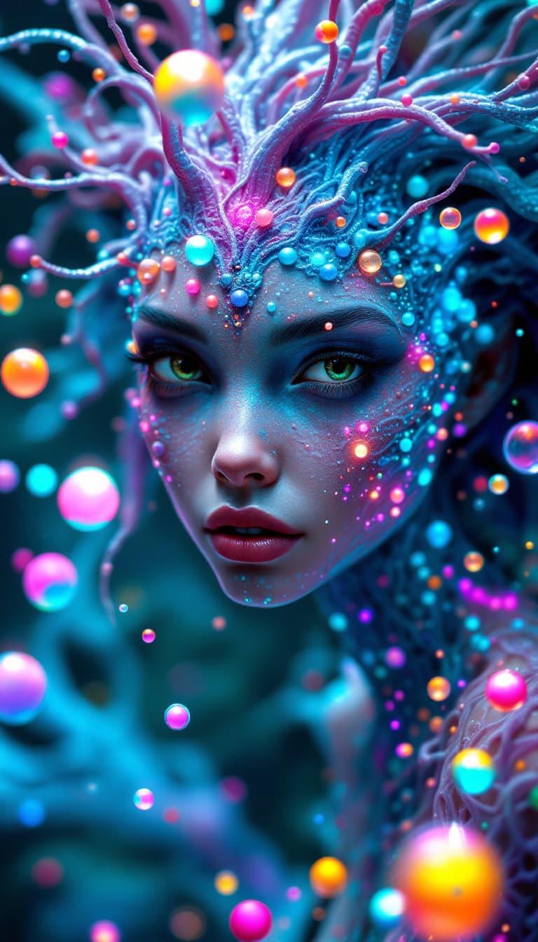 AI generated: Surreal 4k painting of an alien princess with expressive brown eyes and cosmic features. Her skin ap...