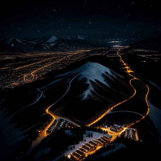 AI generated: Hyper realistic arial view photo of a Colorado ski resort at night, snowing